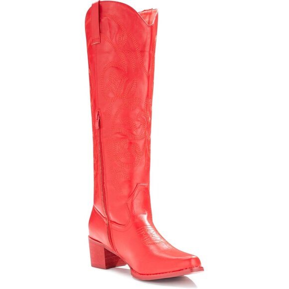 Women's Red 1 Pointy Toe Faux Leather Western Cowgirl Mid Calf Boots - Picture 3 of 6